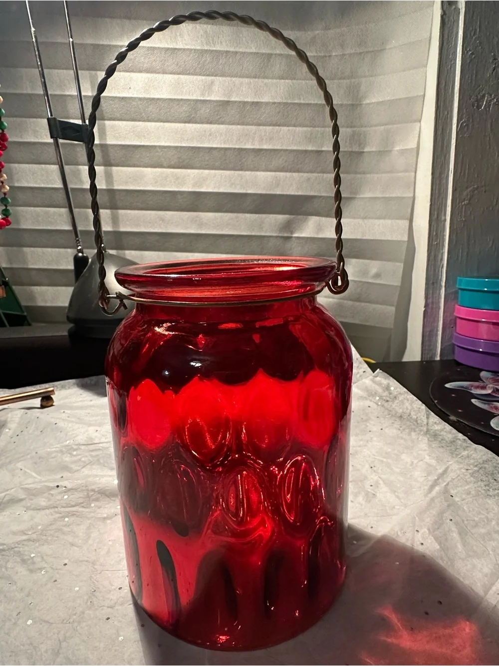 Red Glass Lantern Vase with Handle - Unbranded